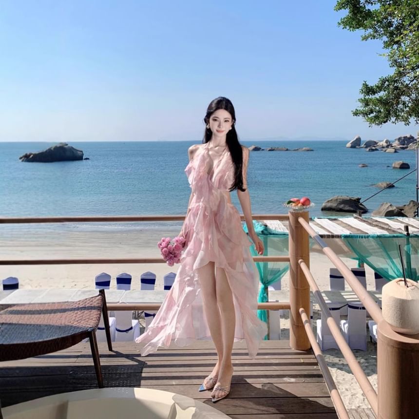 Top + Crop Set: Floral V-Neck Waist High Skirt Midi Halter A-Line