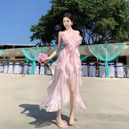 Top + Crop Set: Floral V-Neck Waist High Skirt Midi Halter A-Line