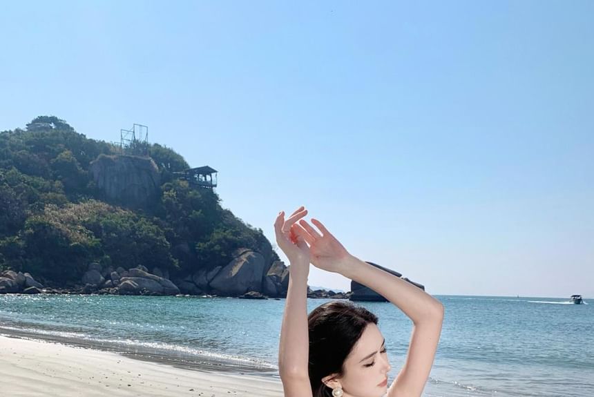 Top + Crop Set: Floral V-Neck Waist High Skirt Midi Halter A-Line