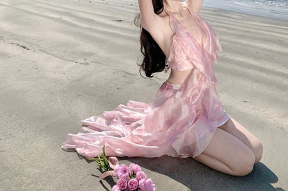 Top + Crop Set: Floral V-Neck Waist High Skirt Midi Halter A-Line