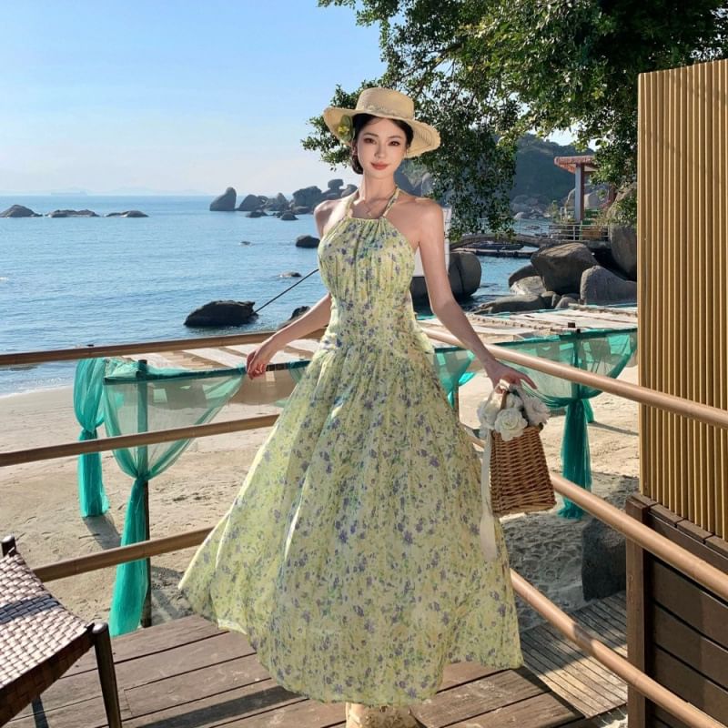 Neck A-Line Midi Dress Flower Halter Print