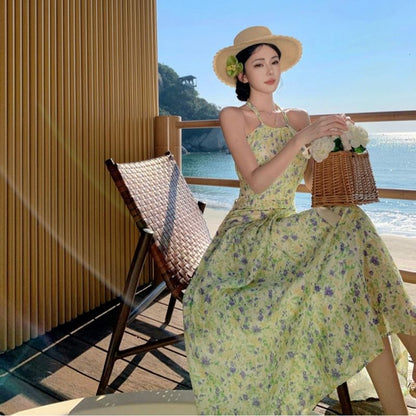 Neck A-Line Midi Dress Flower Halter Print