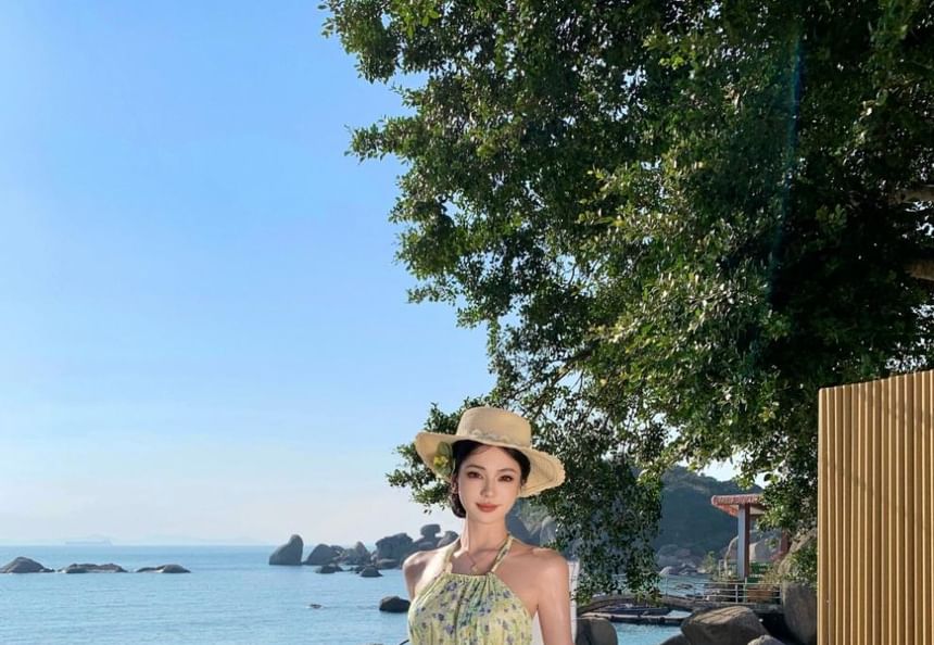 Neck A-Line Midi Dress Flower Halter Print