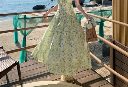 Neck A-Line Midi Dress Flower Halter Print