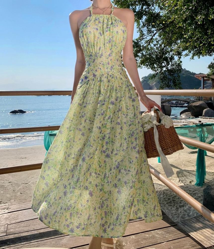 Neck A-Line Midi Dress Flower Halter Print