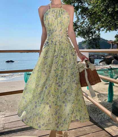 Neck A-Line Midi Dress Flower Halter Print