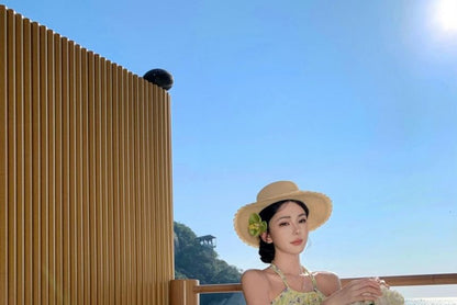 Neck A-Line Midi Dress Flower Halter Print