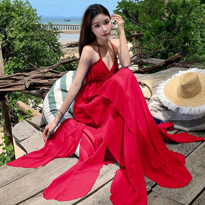 Trim Dress A-Line Maxi Plain Neck Spaghetti Strap Halter Ruffle