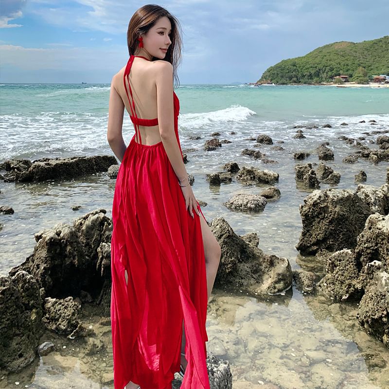 Trim Dress A-Line Maxi Plain Neck Spaghetti Strap Halter Ruffle