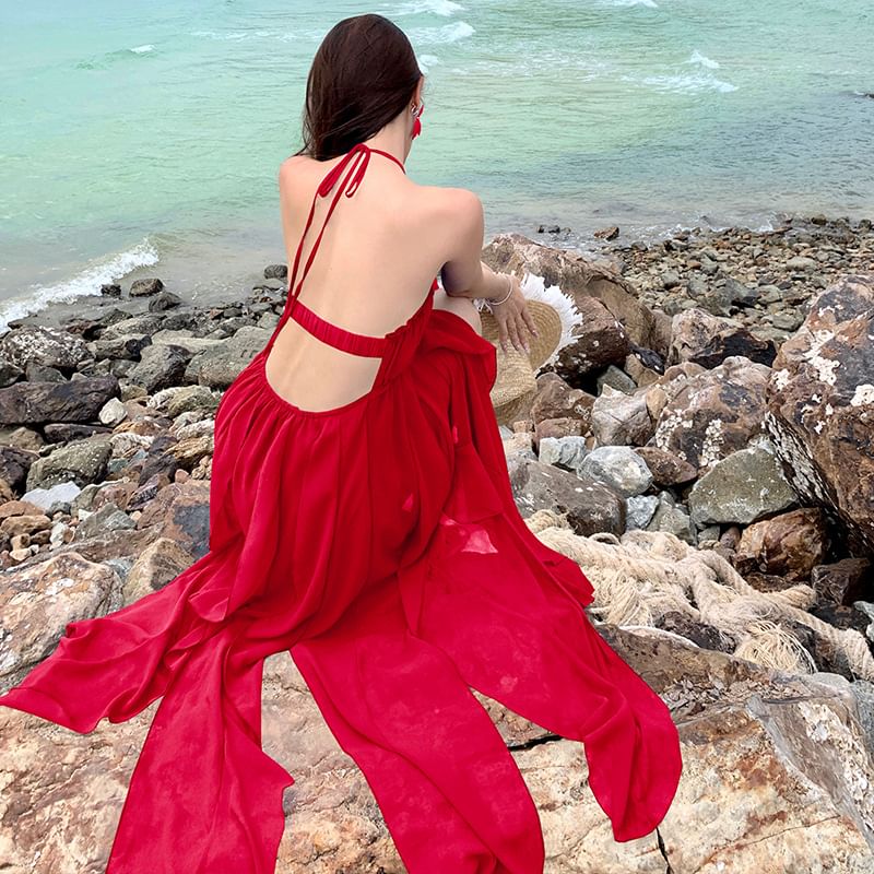 Trim Dress A-Line Maxi Plain Neck Spaghetti Strap Halter Ruffle