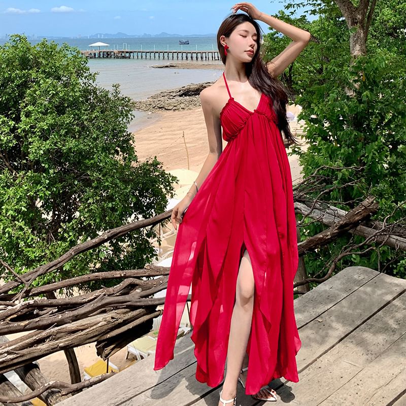 Trim Dress A-Line Maxi Plain Neck Spaghetti Strap Halter Ruffle