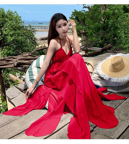 Trim Dress A-Line Maxi Plain Neck Spaghetti Strap Halter Ruffle