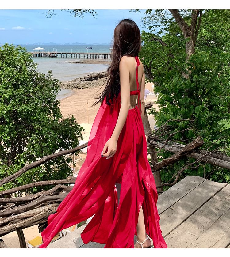 Trim Dress A-Line Maxi Plain Neck Spaghetti Strap Halter Ruffle