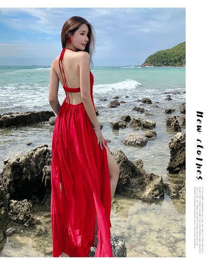 Trim Dress A-Line Maxi Plain Neck Spaghetti Strap Halter Ruffle