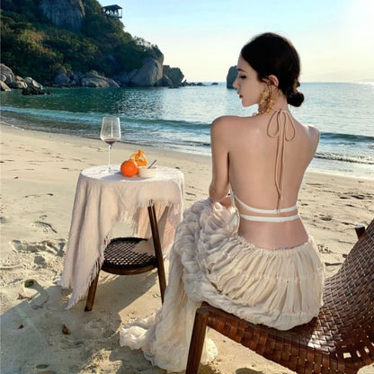 Cami Halter Set: Rise Skirt Plain High Maxi + Neck Crop Top A-Line