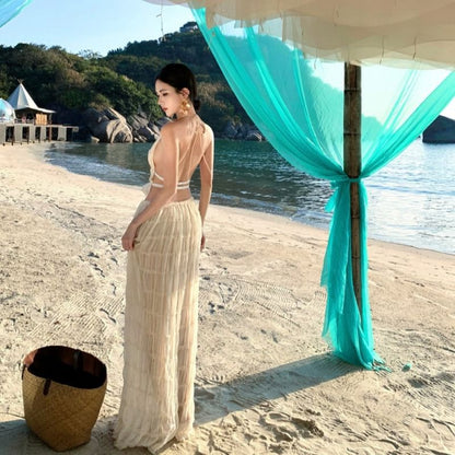 Cami Halter Set: Rise Skirt Plain High Maxi + Neck Crop Top A-Line