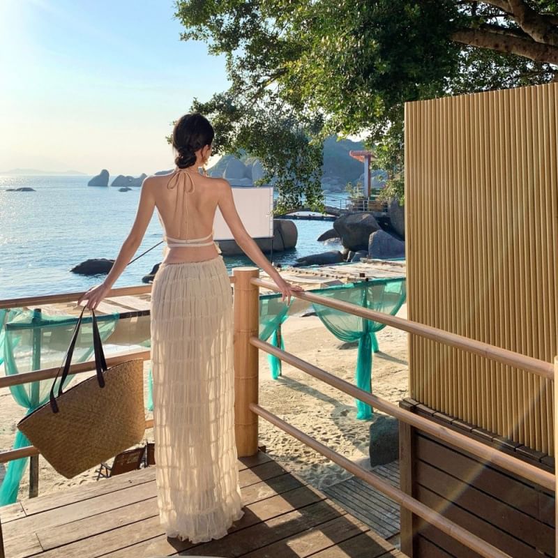 Cami Halter Set: Rise Skirt Plain High Maxi + Neck Crop Top A-Line