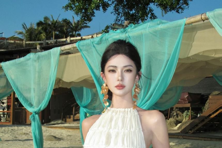 Cami Halter Set: Rise Skirt Plain High Maxi + Neck Crop Top A-Line