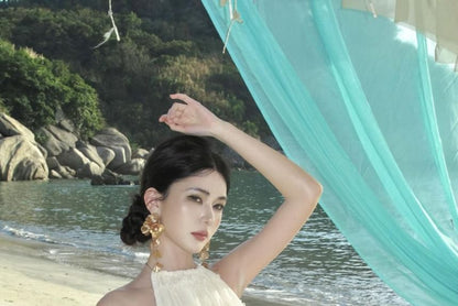 Cami Halter Set: Rise Skirt Plain High Maxi + Neck Crop Top A-Line