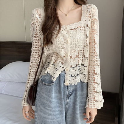 Neck Square Cardigan Cropped Crochet Floral