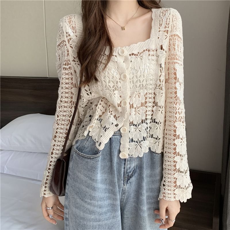 Neck Cropped Crochet Square Cardigan Floral