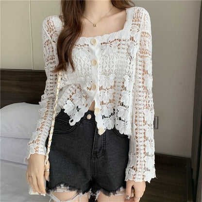 Neck Cropped Crochet Square Cardigan Floral