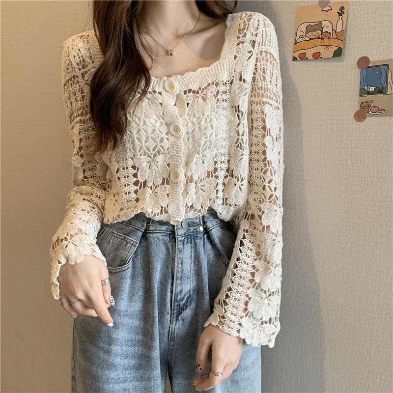 Neck Floral Cropped Crochet Square Cardigan