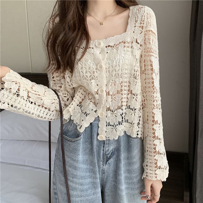 Neck Square Cardigan Cropped Crochet Floral