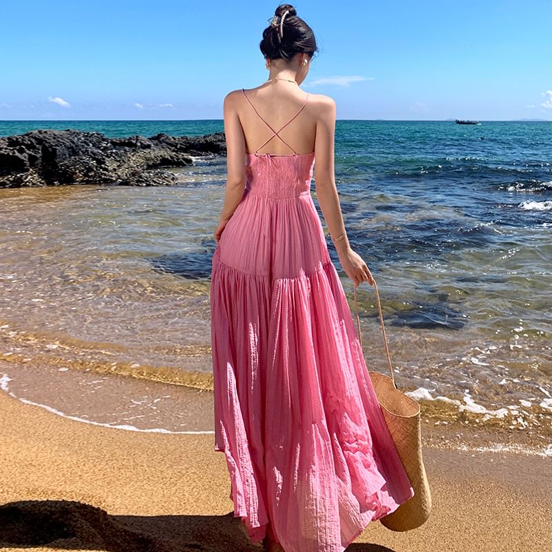 Strap Textured Plain Maxi A-Line Dress Spaghetti
