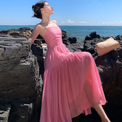 Spaghetti Plain Textured Maxi Dress A-Line Strap