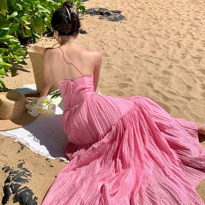 Strap Textured Plain Maxi A-Line Dress Spaghetti