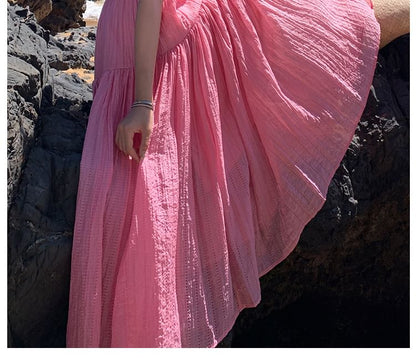 Strap Textured Plain Maxi A-Line Dress Spaghetti