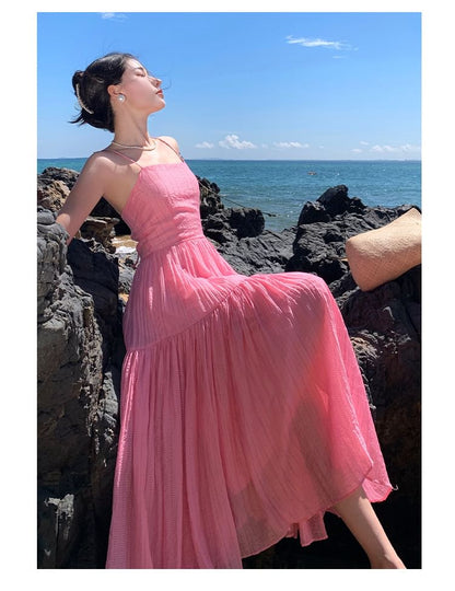 Spaghetti Plain Textured Maxi Dress A-Line Strap