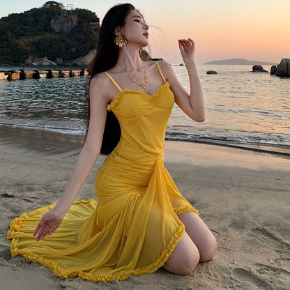 Hem Plain Bodycon Ruffle V-Neck Dress Spaghetti Maxi Strap