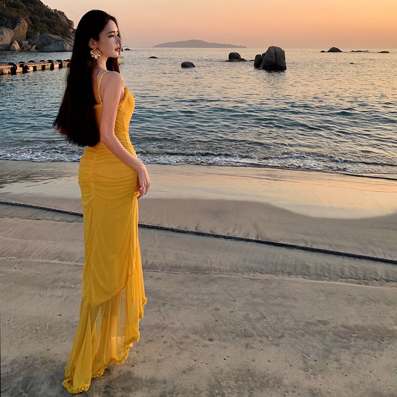 Hem Plain Bodycon Ruffle V-Neck Dress Spaghetti Maxi Strap