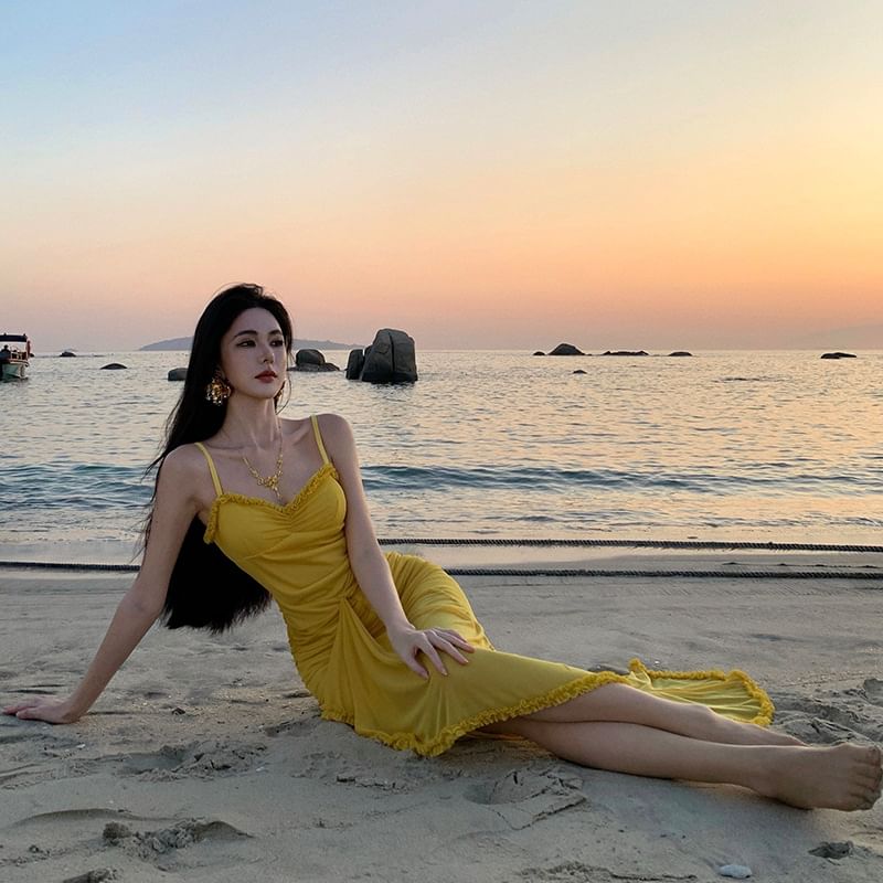 Plain Maxi Dress Strap Ruffle Hem Spaghetti Bodycon V-Neck