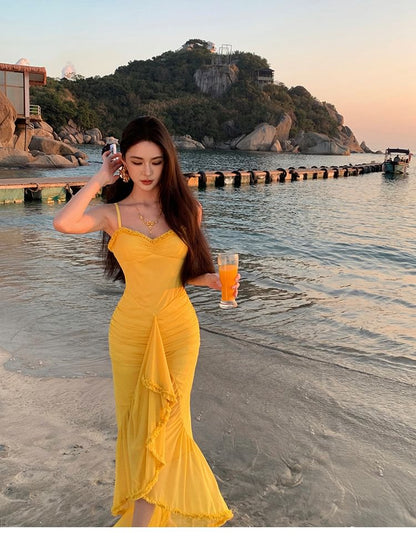 Hem Plain Bodycon Ruffle V-Neck Dress Spaghetti Maxi Strap