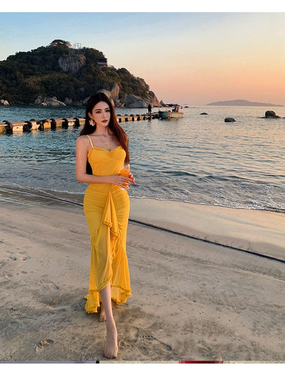 Hem Plain Bodycon Ruffle V-Neck Dress Spaghetti Maxi Strap