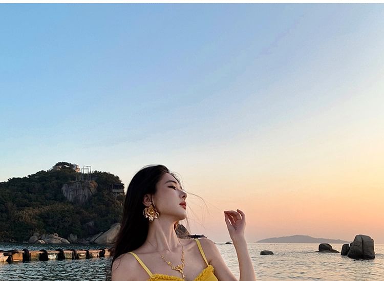 Plain Maxi Dress Strap Ruffle Hem Spaghetti Bodycon V-Neck