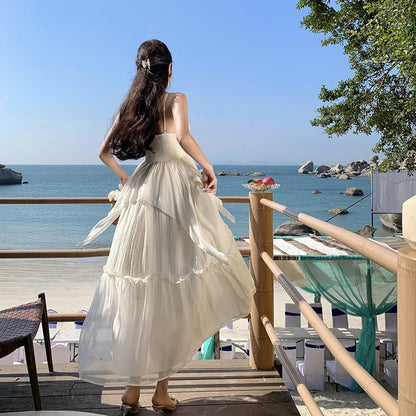 Spaghetti Maxi Dress Plain Strap Ruffle V-Neck A-Line Trim