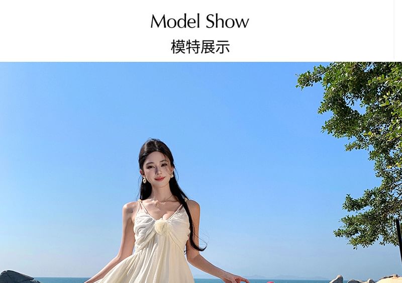 Spaghetti A-Line Maxi Dress Strap V-Neck Plain Ruffle Trim