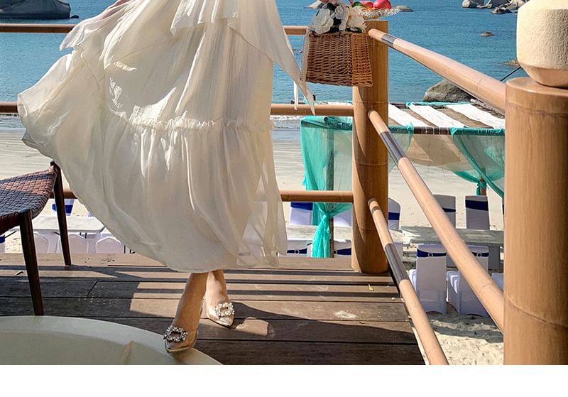 Spaghetti A-Line Maxi Dress Strap V-Neck Plain Ruffle Trim