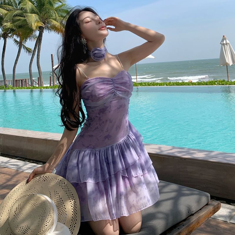 Dress A-Line Strap Spaghetti Tie-Dye V-Neck Mini