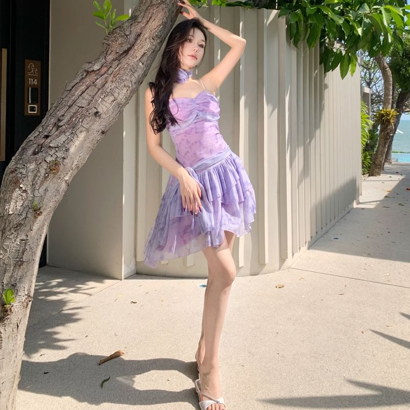 Dress A-Line Strap Spaghetti Tie-Dye V-Neck Mini