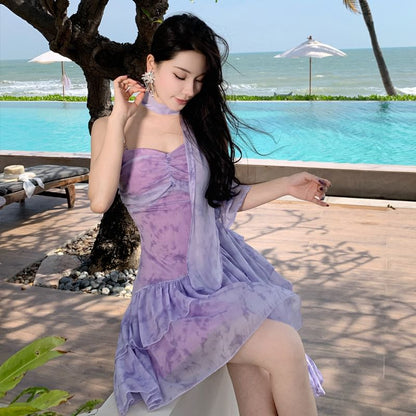 Dress A-Line Strap Spaghetti Tie-Dye V-Neck Mini