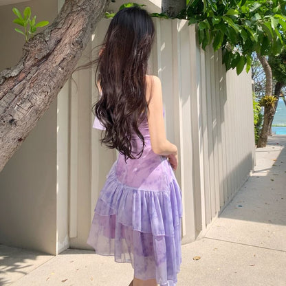 Dress A-Line Strap Spaghetti Tie-Dye V-Neck Mini