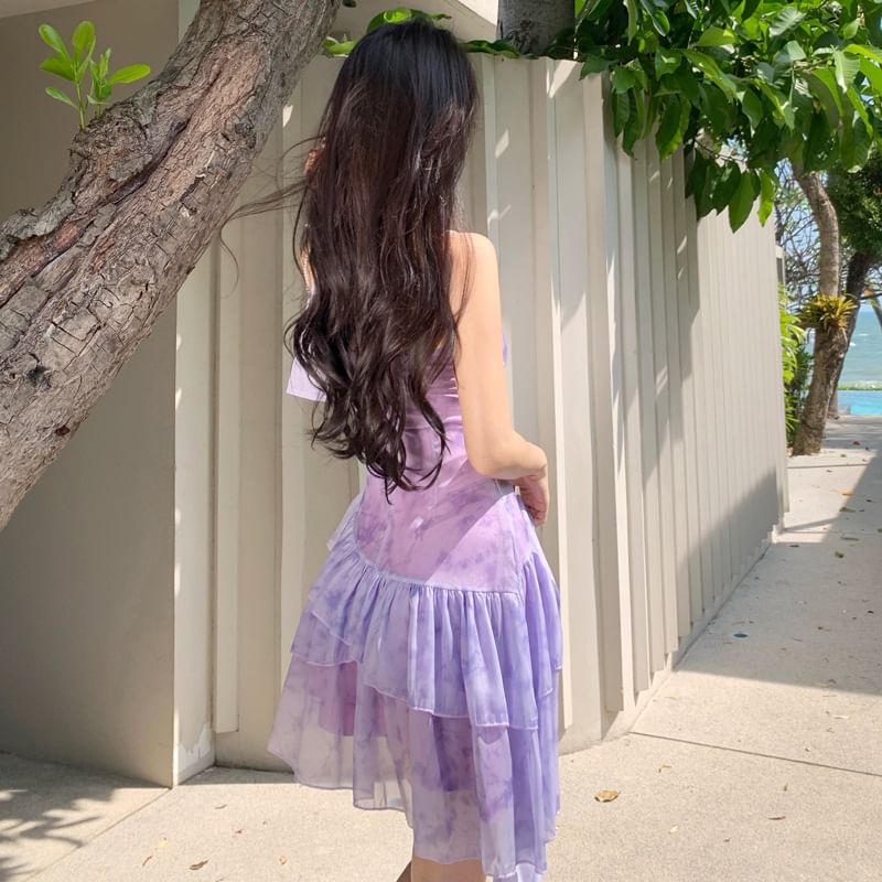 Dress Mini Spaghetti Tie-Dye A-Line Strap V-Neck