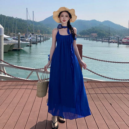 A-Line Plain Spaghetti Scoop Trim Dress Strap Neck Maxi Ruffle