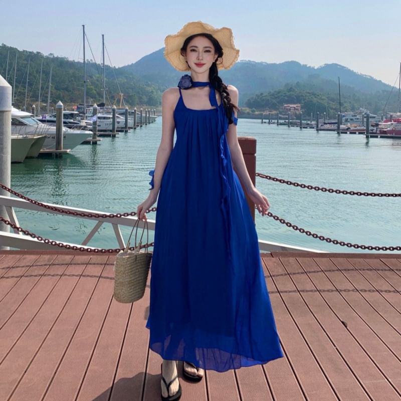 Strap Dress Trim Plain Neck Ruffle A-Line Scoop Spaghetti Maxi