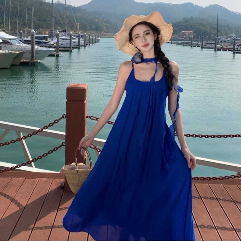 Strap Dress Trim Plain Neck Ruffle A-Line Scoop Spaghetti Maxi